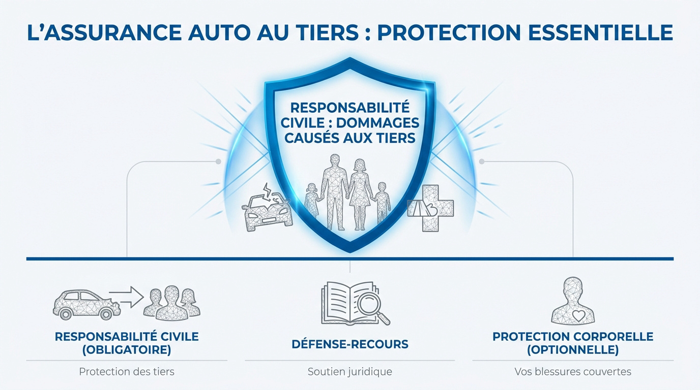 Schéma des garanties de l'assurance auto au tiers et protection responsabilité civile