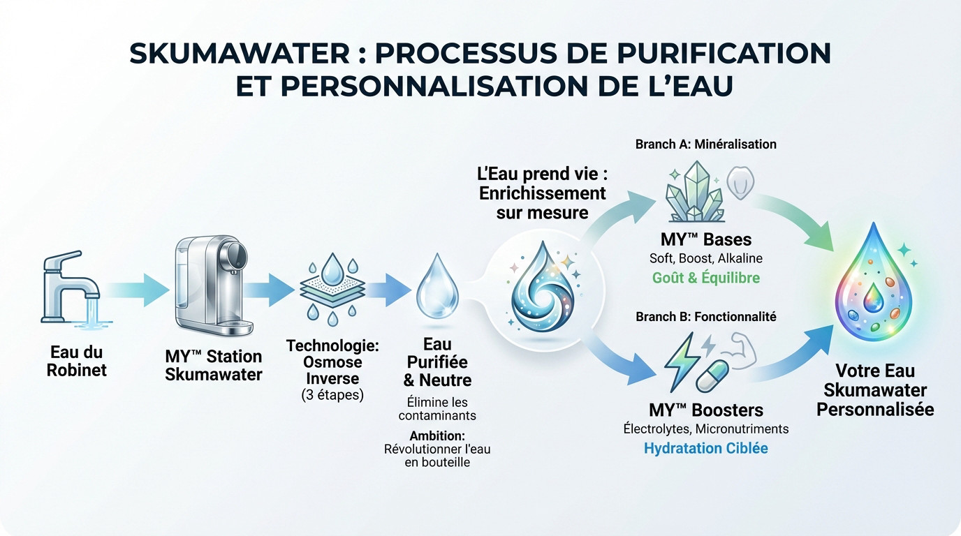Schéma du processus de purification et de reminéralisation de l'eau par la station Skumawater