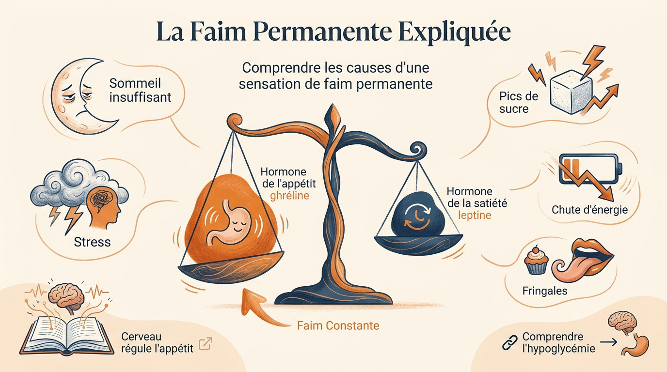 Schéma explicatif des hormones ghréline et leptine influençant la faim permanente