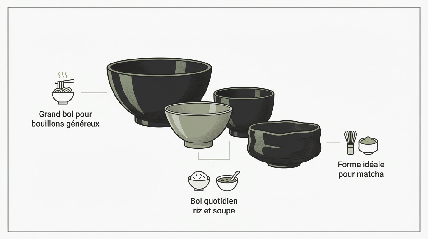 Infographie présentant les différents types de bols japonais et leurs usages culinaires