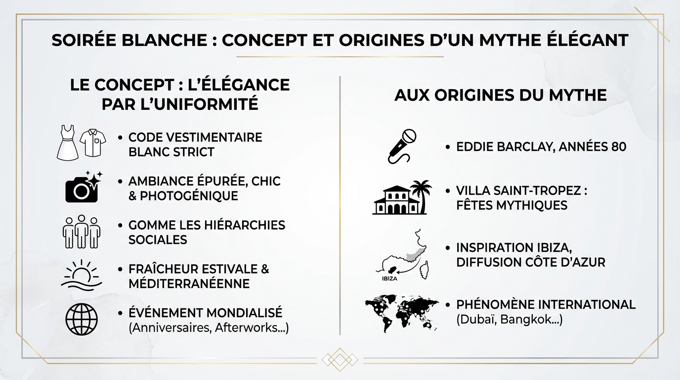 Invités élégants lors d'une soirée blanche illustrant le code vestimentaire strict et l'ambiance chic