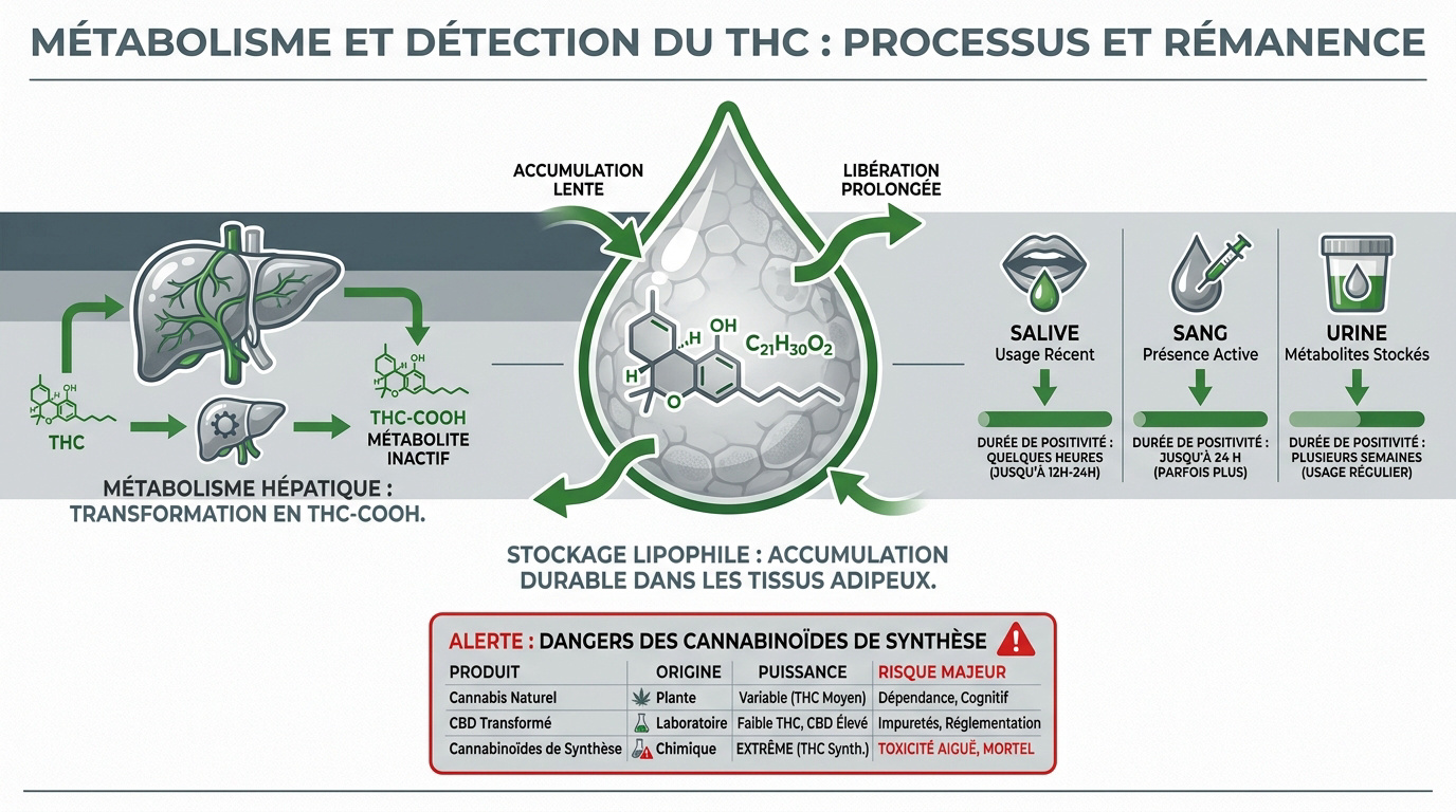 Schéma du métabolisme du THC et de son stockage dans les tissus adipeux