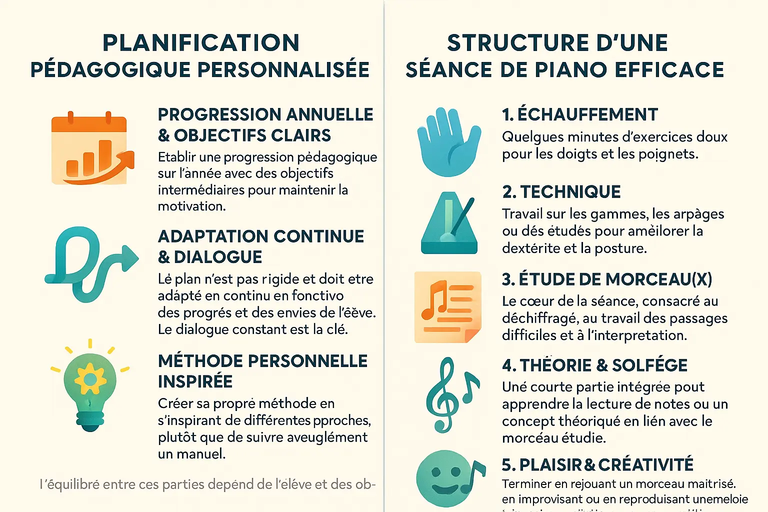 Infographie sur la planification et la structure d'une séance de piano