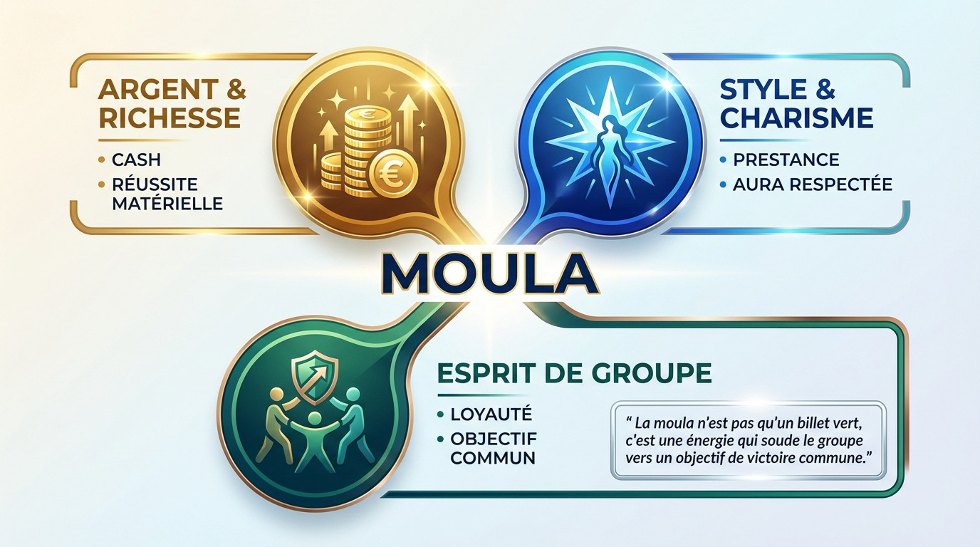 Infographie illustrant les multiples sens du mot moula et ses définitions variées