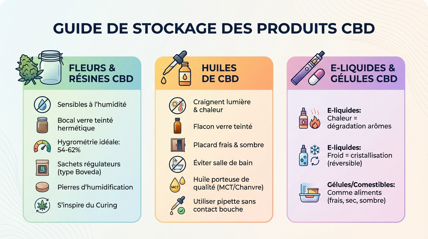 Guide visuel pour le stockage optimal des produits CBD : fleurs, huiles et e-liquides