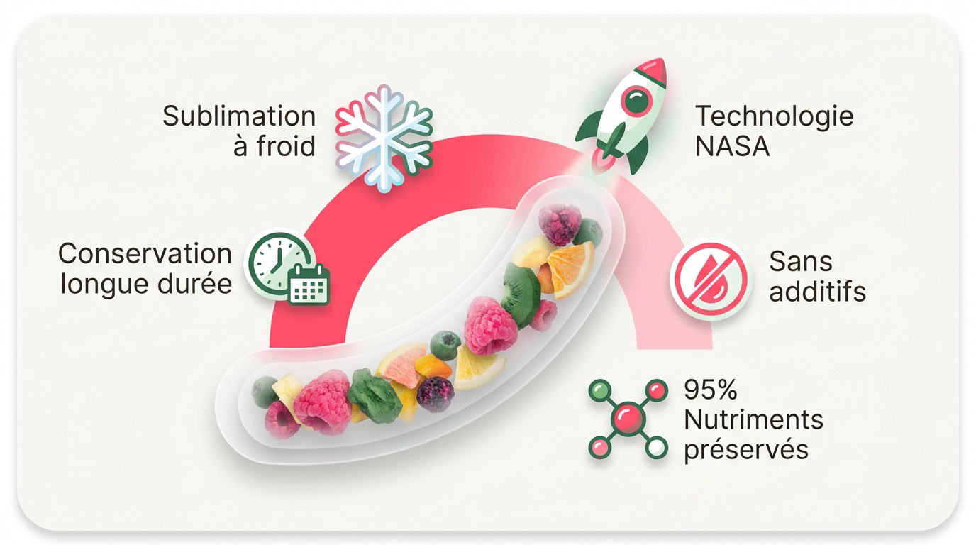 Infographie expliquant les bénéfices nutritionnels de la lyophilisation des fruits Fruggies