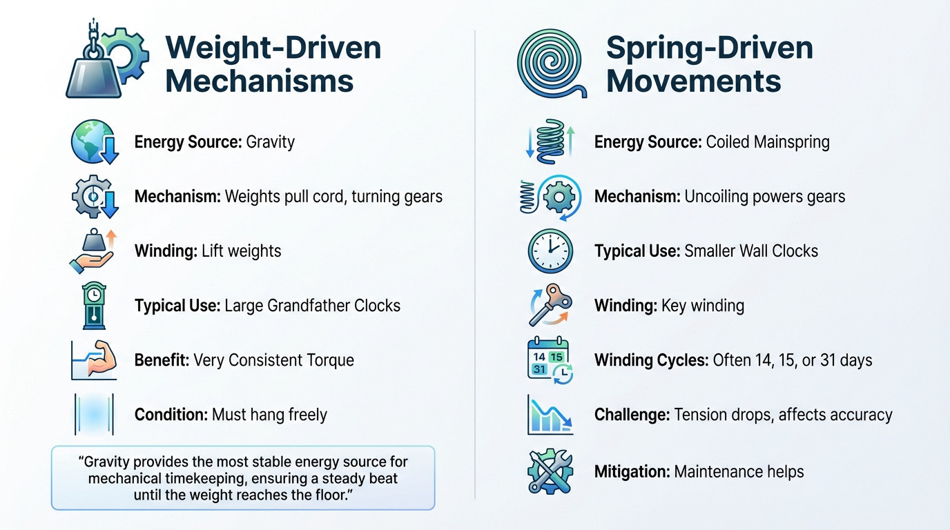 Comparison of weight-driven versus spring-driven mechanical clock movements showing internal gears
