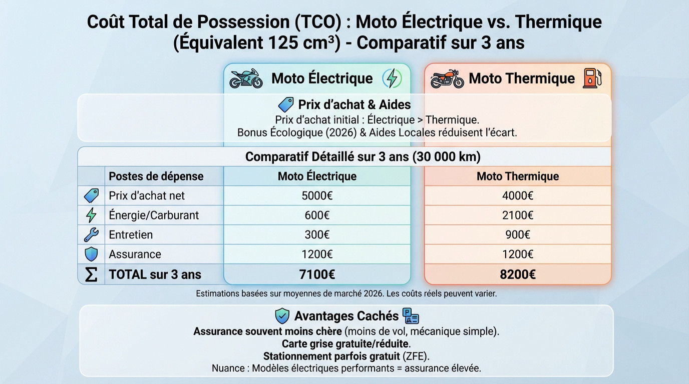 Tableau comparatif du coût total de possession entre une moto électrique et une moto thermique sur 3 ans