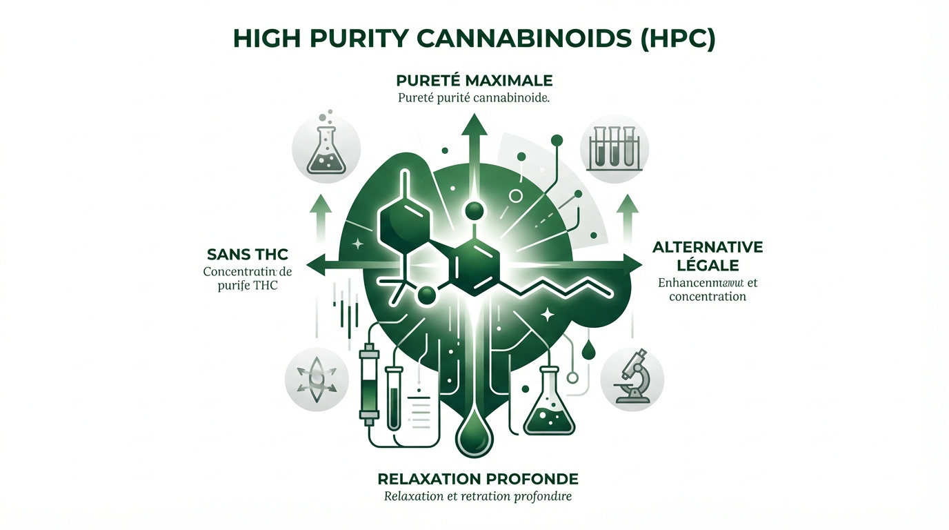 Infographie expliquant le processus de purification des cannabinoïdes HPC pour un produit sans THC