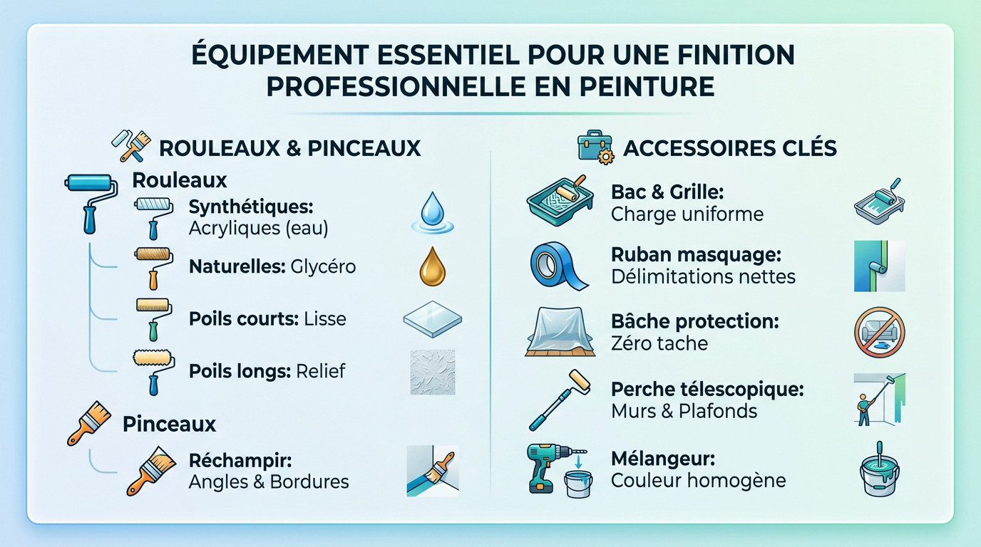 Assortiment complet d'outils de peinture : rouleaux, pinceaux à réchampir et bac pour une finition sans traces