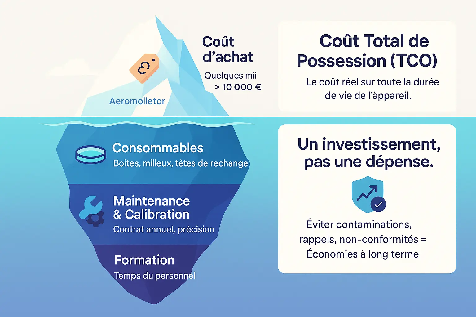Aérobiocollecteur : traquez microbes en salles propres et milieux hospitaliers 4 Illustration du coût total de possession d'un aérobiocollecteur