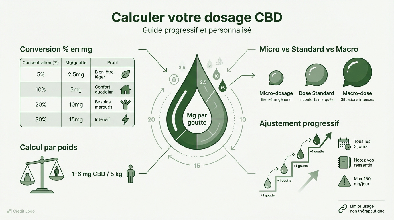 Tableau de dosage et flacon d'huile de CBD pour calcul précis