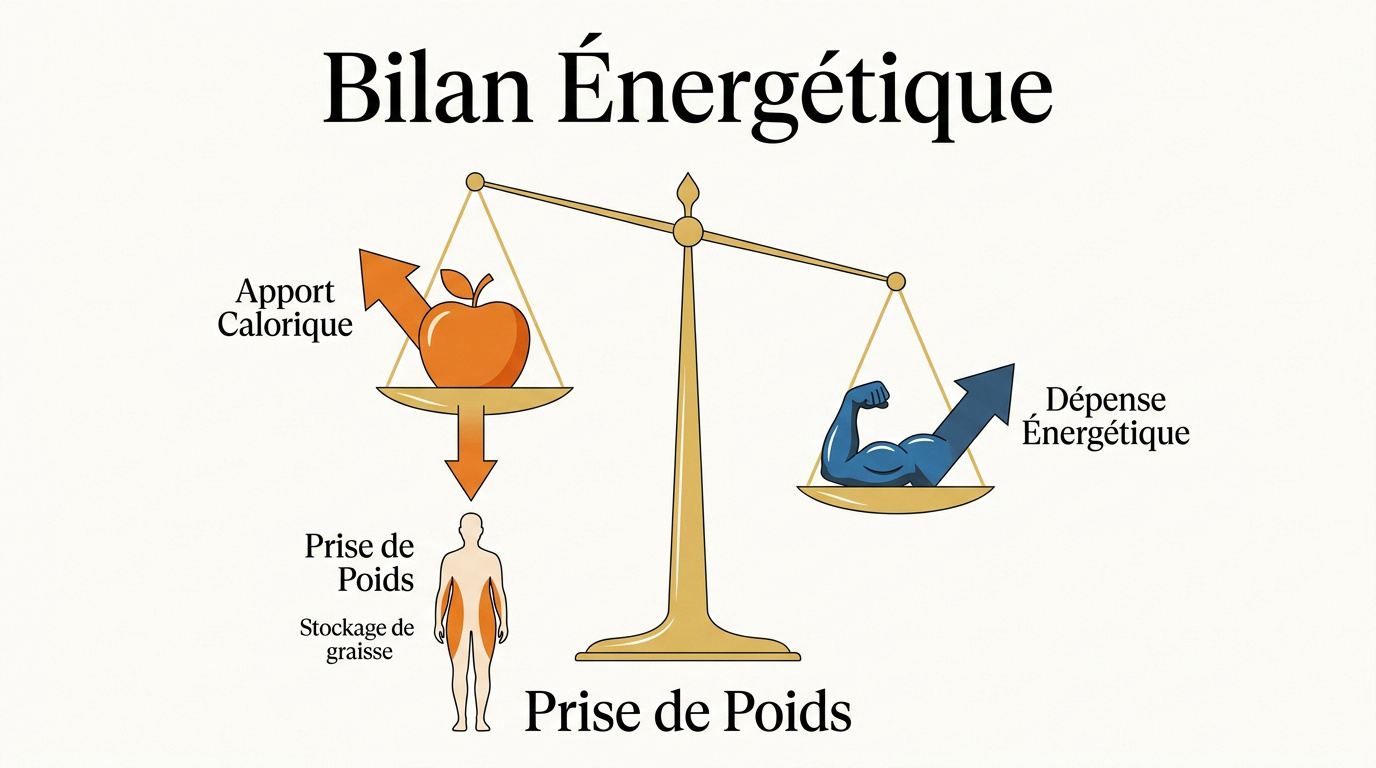 Schéma du bilan énergétique entre apports caloriques et dépenses métaboliques