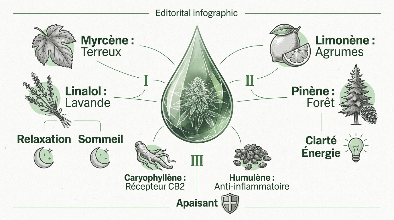 Infographie des profils terpéniques du CBD et leurs propriétés thérapeutiques