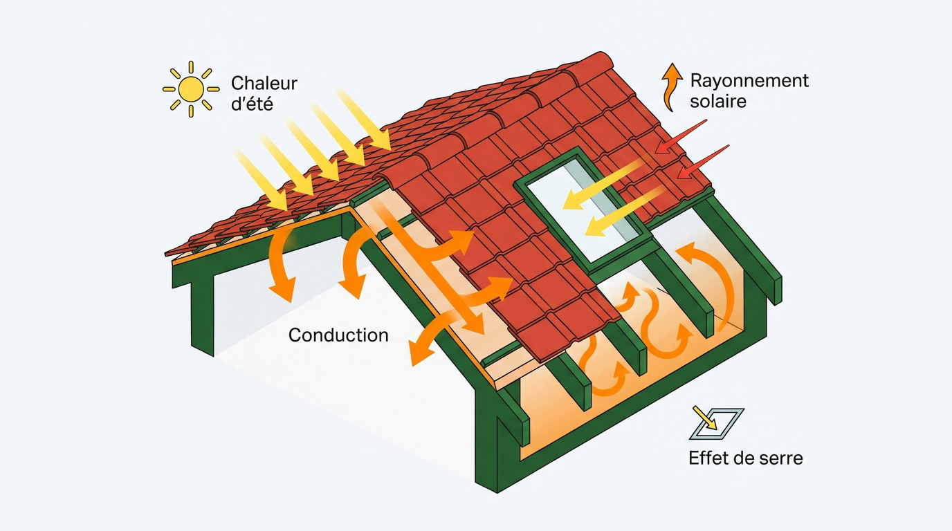 Schéma des transferts thermiques par rayonnement et conduction sous une toiture en été