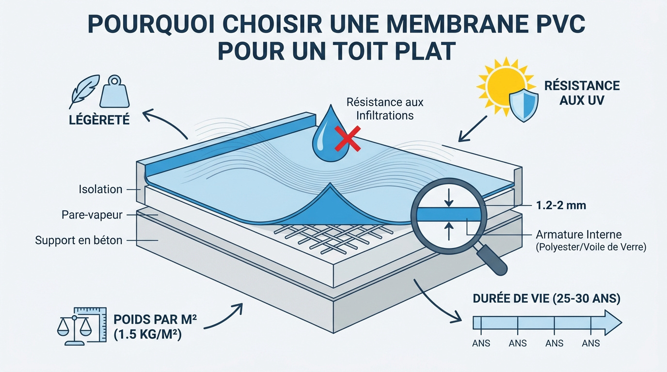 Installation d'une membrane PVC blanche réfléchissante sur un toit plat industriel
