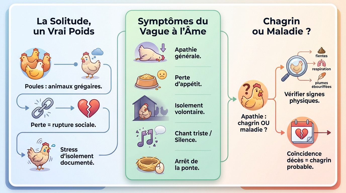Poule rousse prostrée et isolée dans un poulailler montrant des signes de tristesse