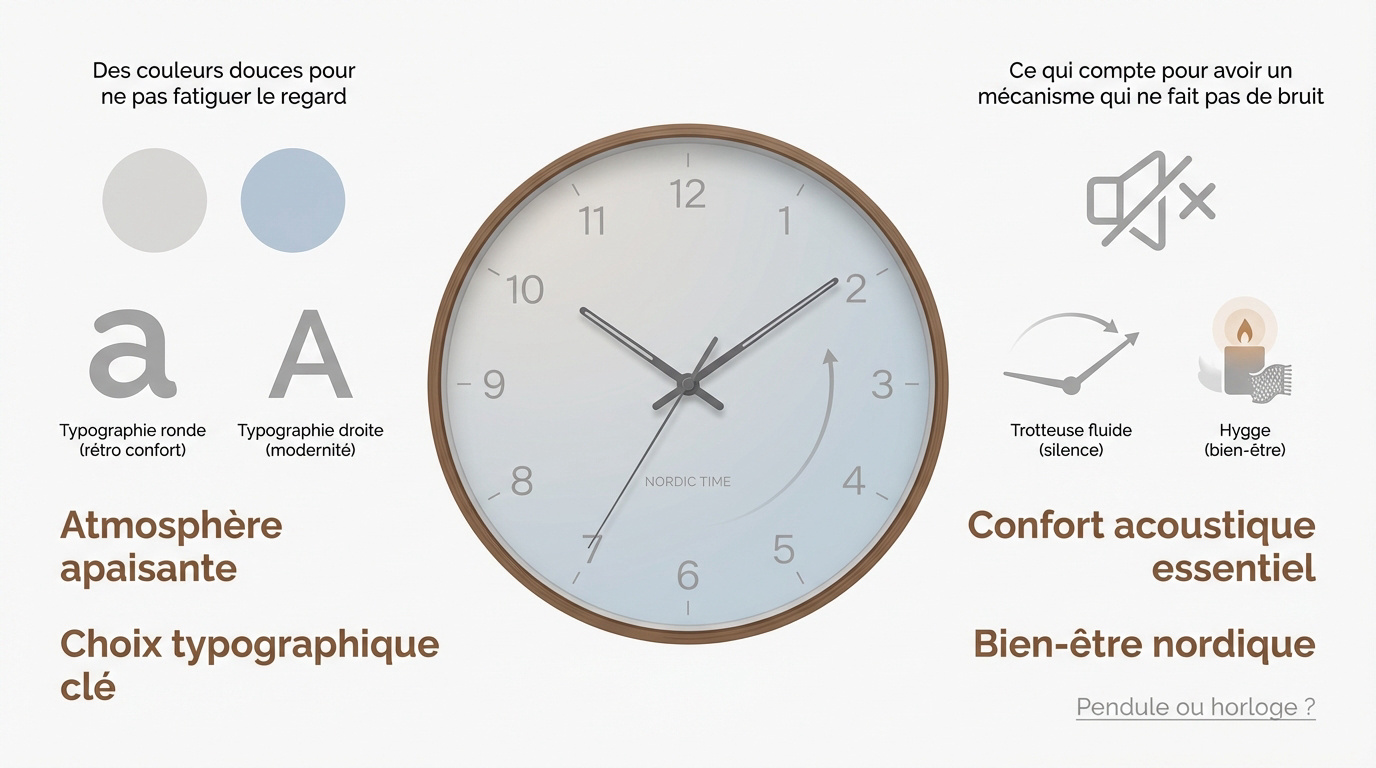 Horloge scandinave vintage au design épuré sur un mur clair, inspirant le calme