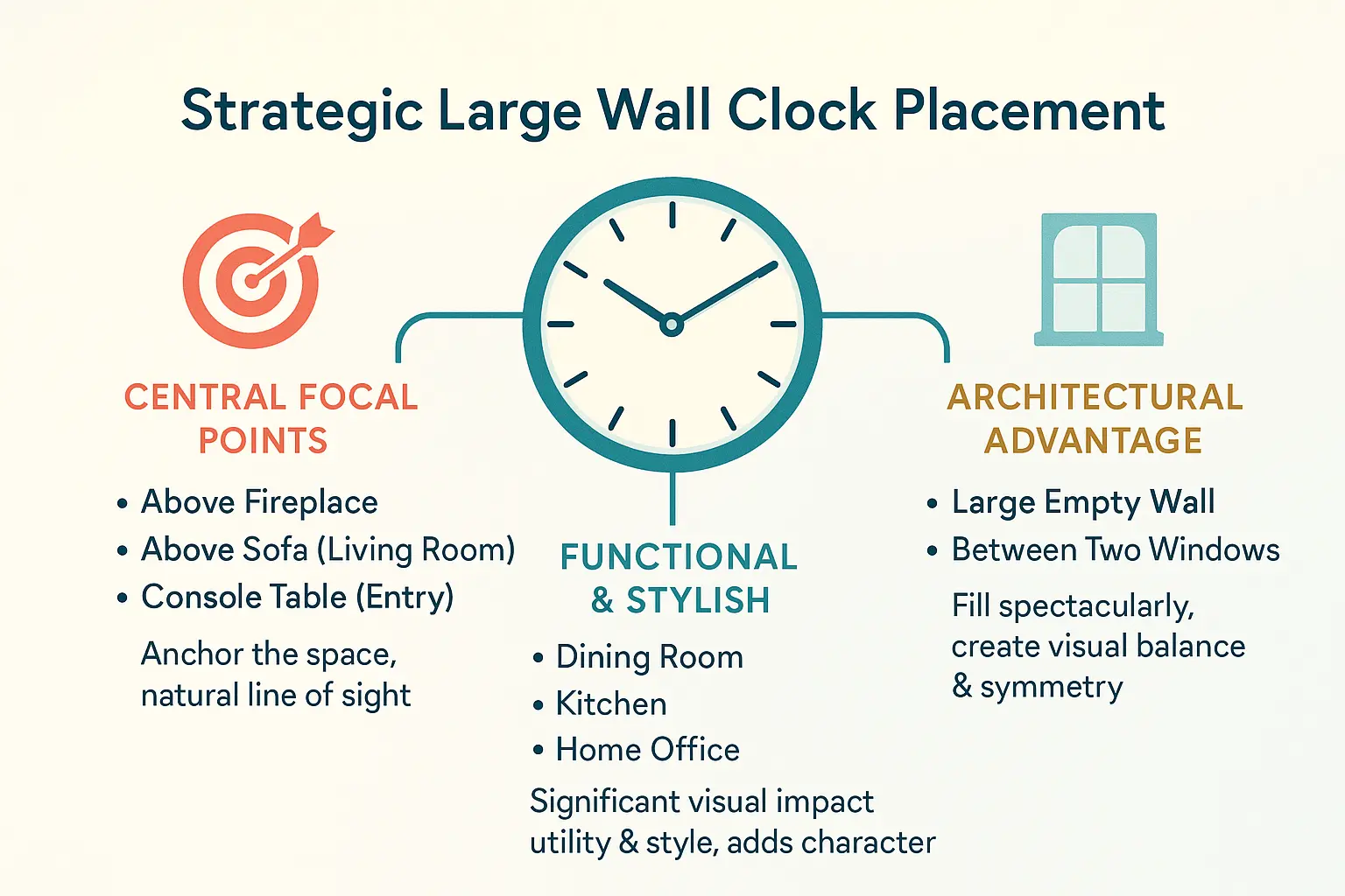 Strategic placement of a large wall clock in a living room above a fireplace