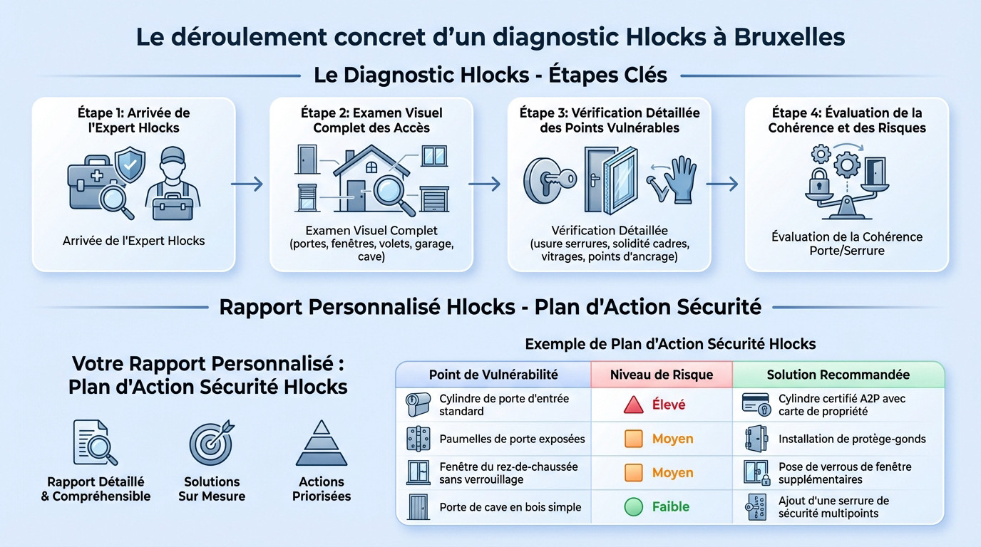 Expert serrurier Hlocks réalisant un diagnostic de sécurité complet sur une porte d'entrée à Bruxelles