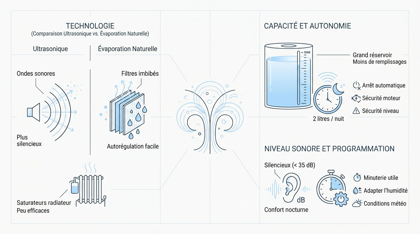 Humidificateur radiateur : comment bien choisir Infographie présentant les critères de sélection d'un humidificateur d'air : technologie, capacité et niveau sonore
