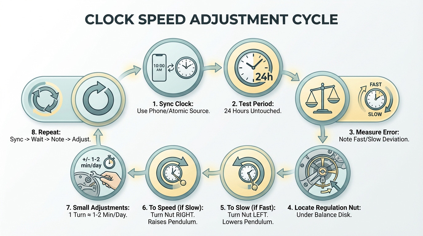 Clock speed adjustment cycle illustration showing regulation nut direction to speed up or slow down
