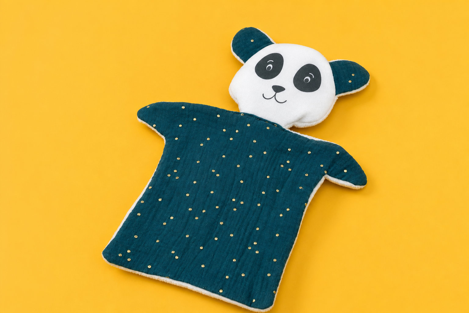 Doudou Panda en double gaze bleu pétrole et points dorés