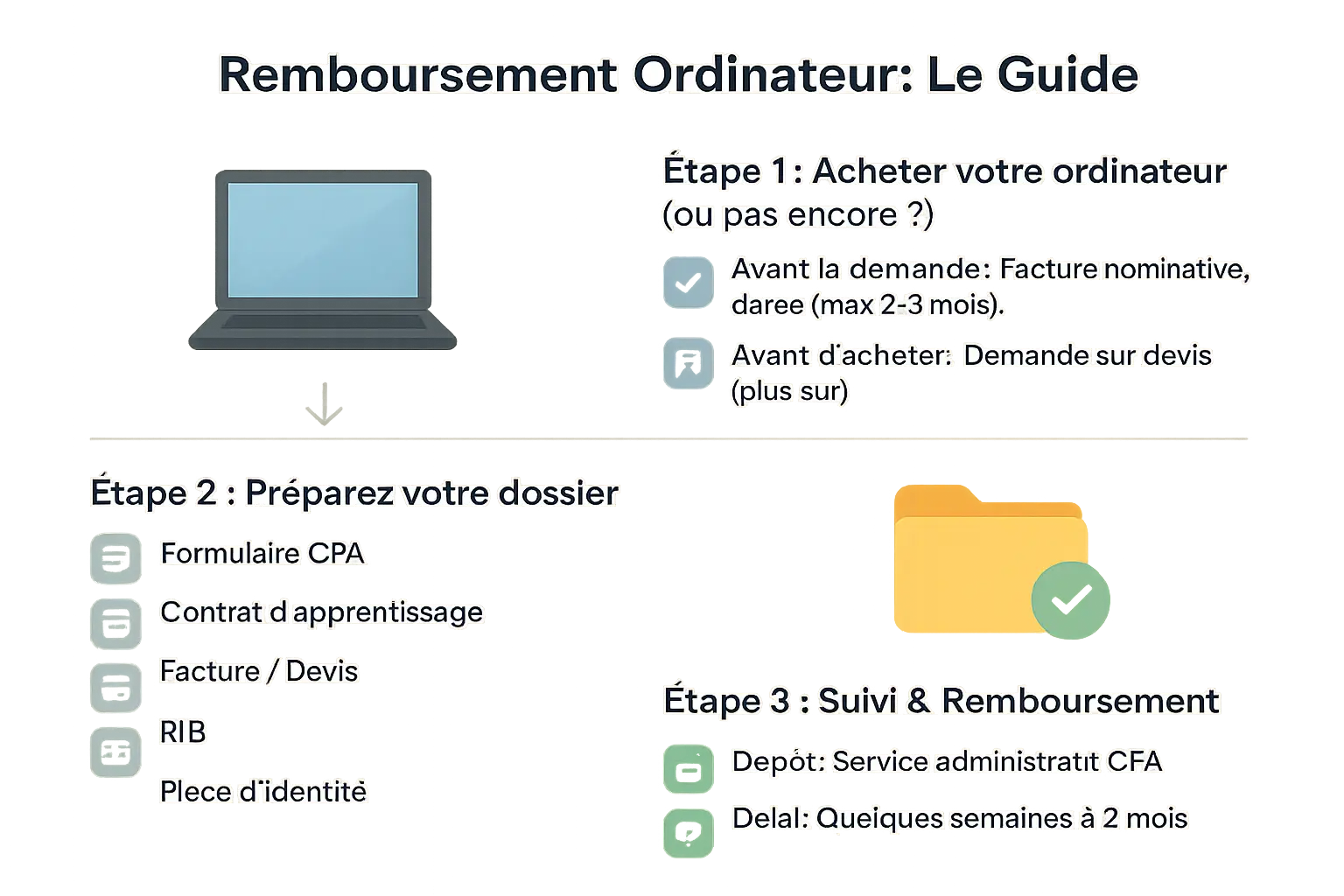 Schéma illustrant les étapes pour obtenir un remboursement d'ordinateur en apprentissage