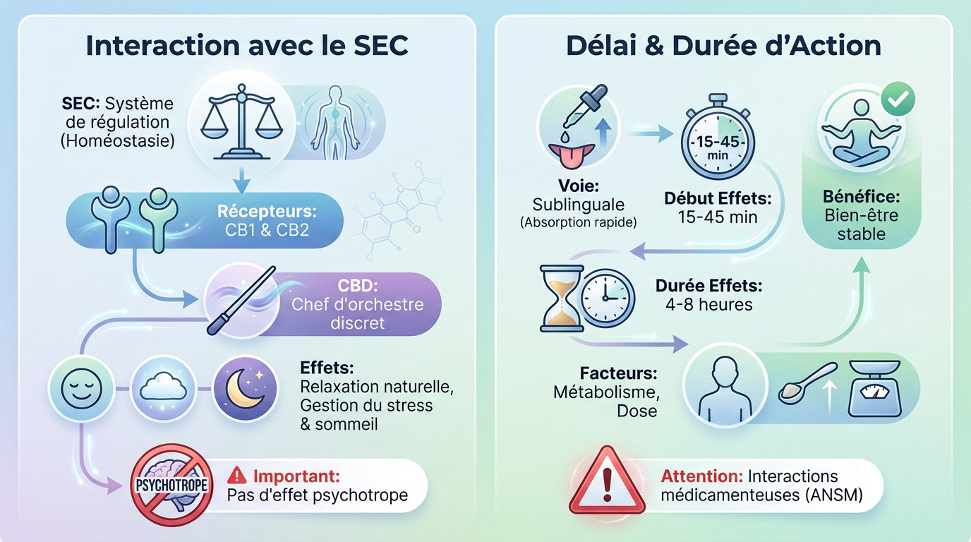 Schéma explicatif de l'interaction du CBD avec le système endocannabinoïde et courbes de durée d'action