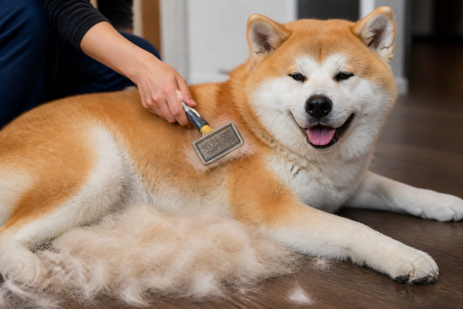 Akita Inu brossé pendant sa période de mue
