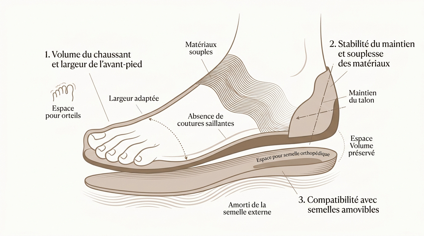 Chaussures orthopédiques : comment bien les choisir Schéma technique des critères de confort d'une chaussure orthopédique