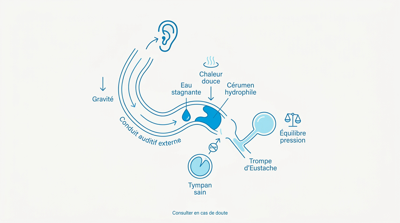 Schéma de l'anatomie de l'oreille montrant le conduit auditif en S et le blocage par l'eau