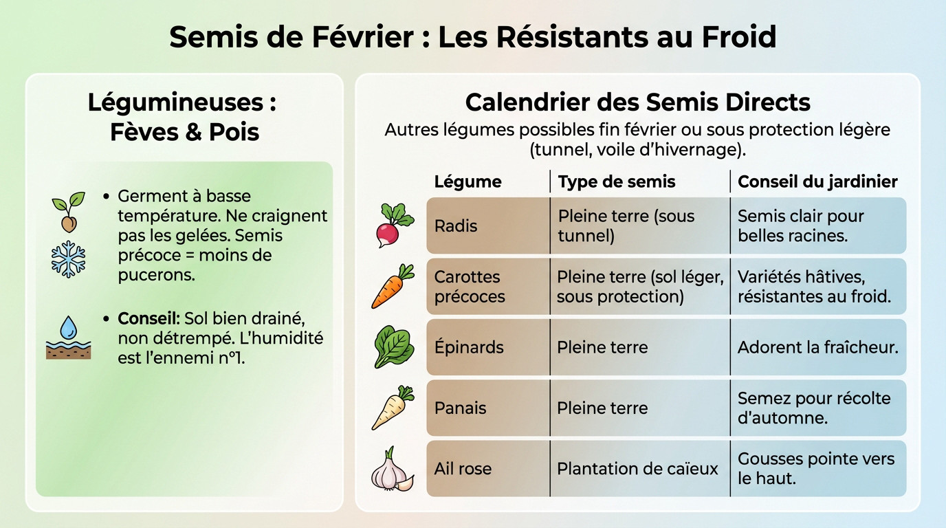 Semis de fèves et pois en février résistants au froid dans le potager