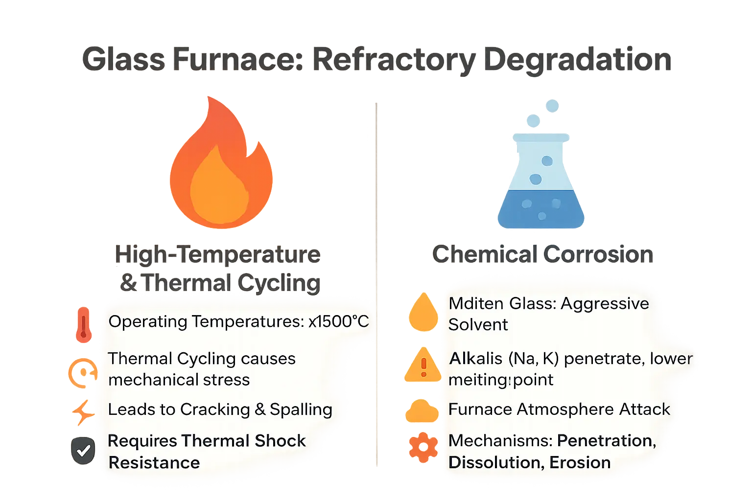 Refractory degradation in glass furnaces