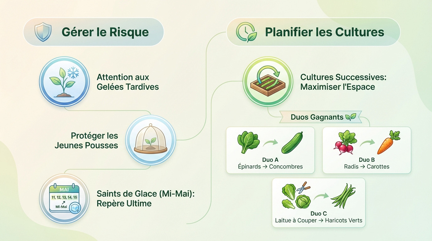 Jardinier protégeant ses jeunes plants de légumes contre le gel printanier avec un voile d'hivernage