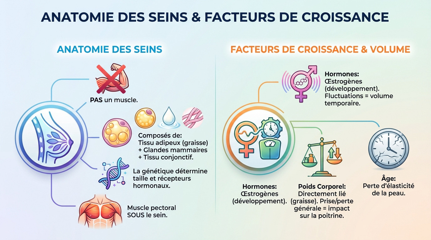 Schéma anatomique illustrant la composition du sein avec le tissu adipeux et les glandes mammaires