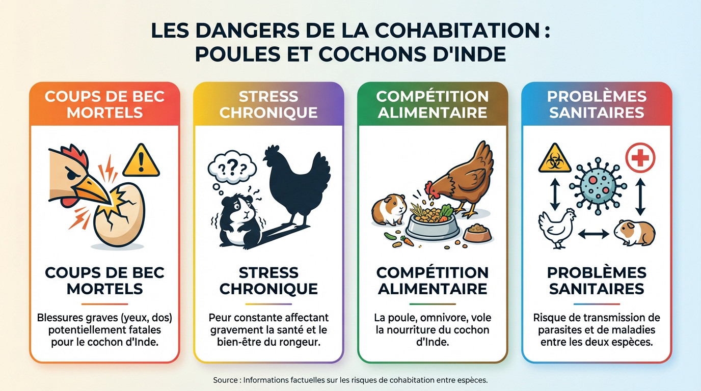 Cochon d'Inde à proximité d'une poule illustrant les risques de cohabitation et de blessures