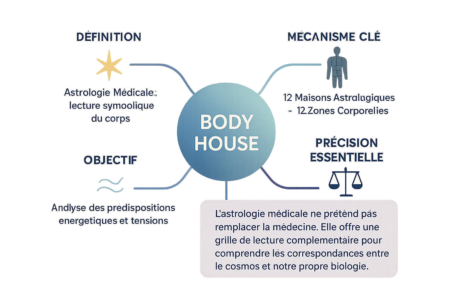 Infographie expliquant le concept de body house en astrologie médicale, montrant la correspondance entre les 12 maisons astrologiques et les parties du corps humain.