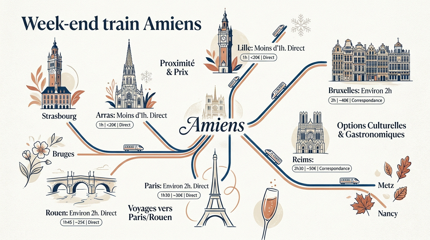 Tableau comparatif des prix et durées des trajets en train au départ d'Amiens vers Lille Paris et Arras