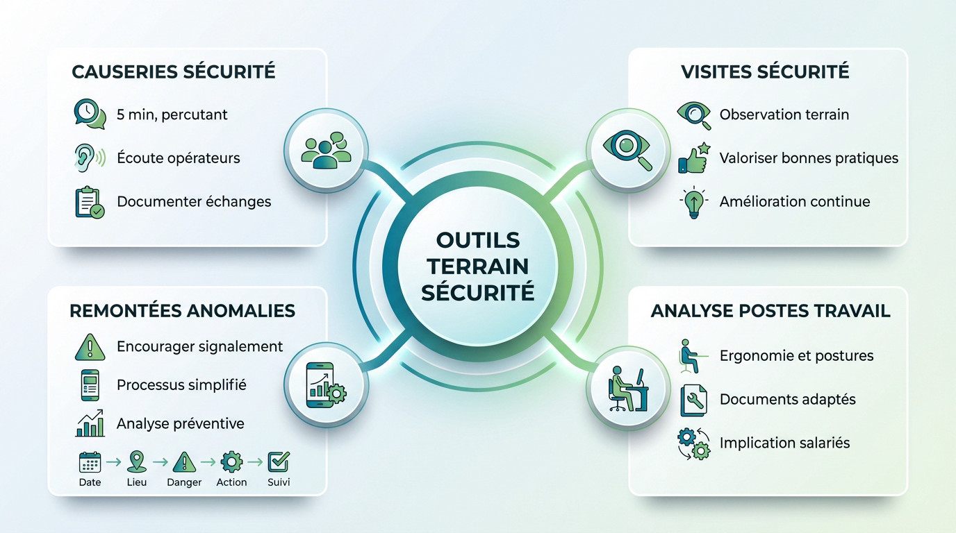 Infographie sur les outils de terrain pour la sécurité MASE : causeries, visites et analyses