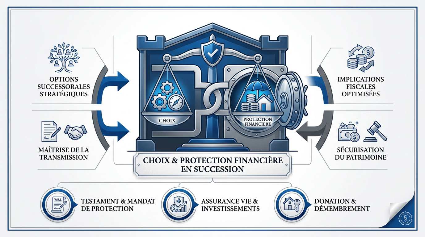 Balance symbolisant le choix entre actifs et protection financière lors d'une succession