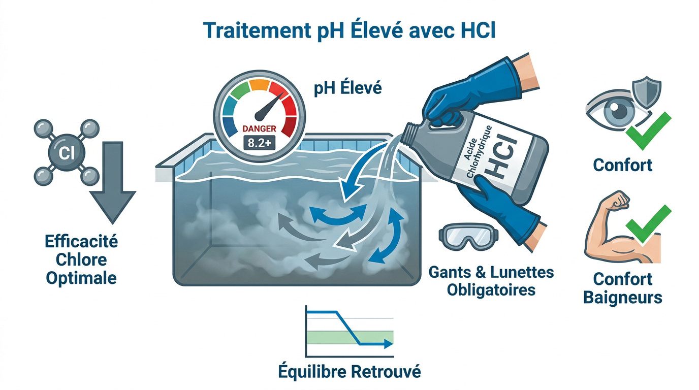 Verser de l'acide chlorhydrique avec précaution dans une piscine pour corriger un pH élevé