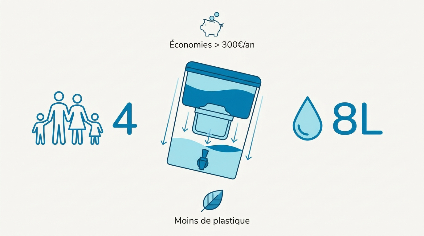 Fontaine filtrante 8 litres pour famille de 4 personnes permettant des économies financières et écologiques