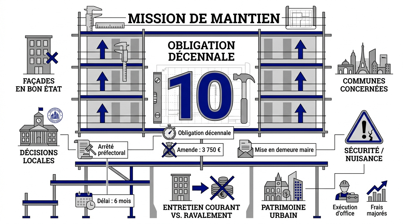 Ouvrier réalisant un ravalement de façade sur un échafaudage pour respecter l'obligation décennale