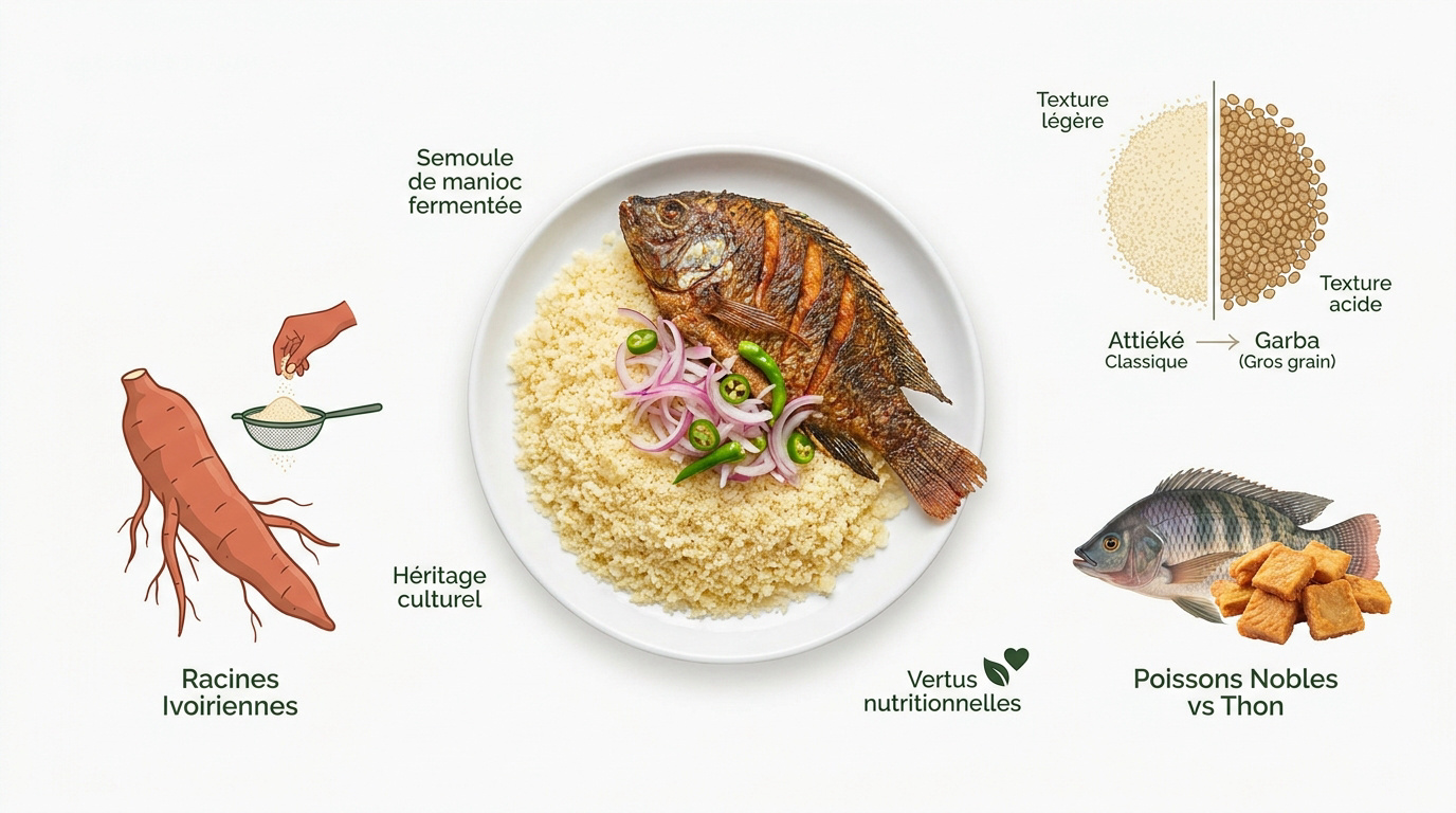 Plat traditionnel d'attiéké poisson avec condiments