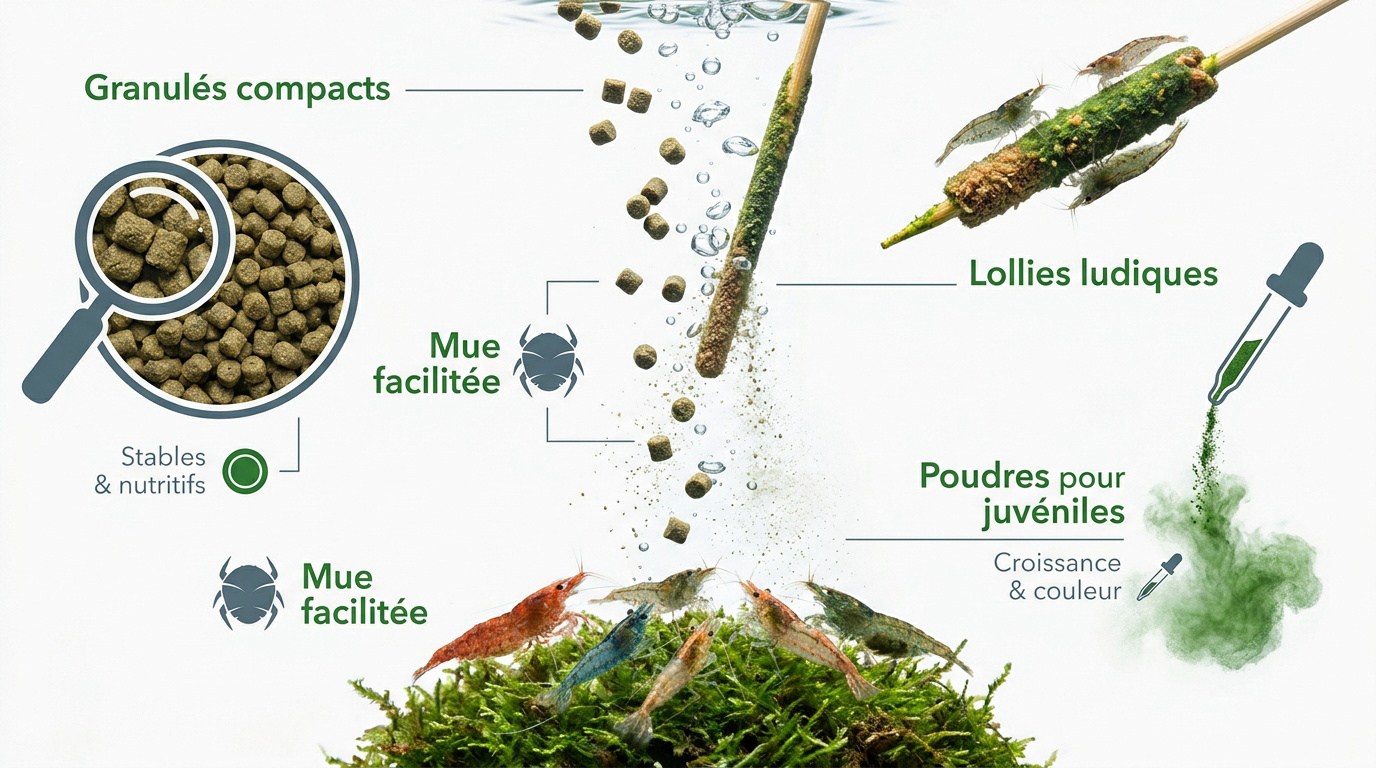 Assortiment de granulés, lollies à la spiruline et poudres pour nourrir les crevettes d'aquarium