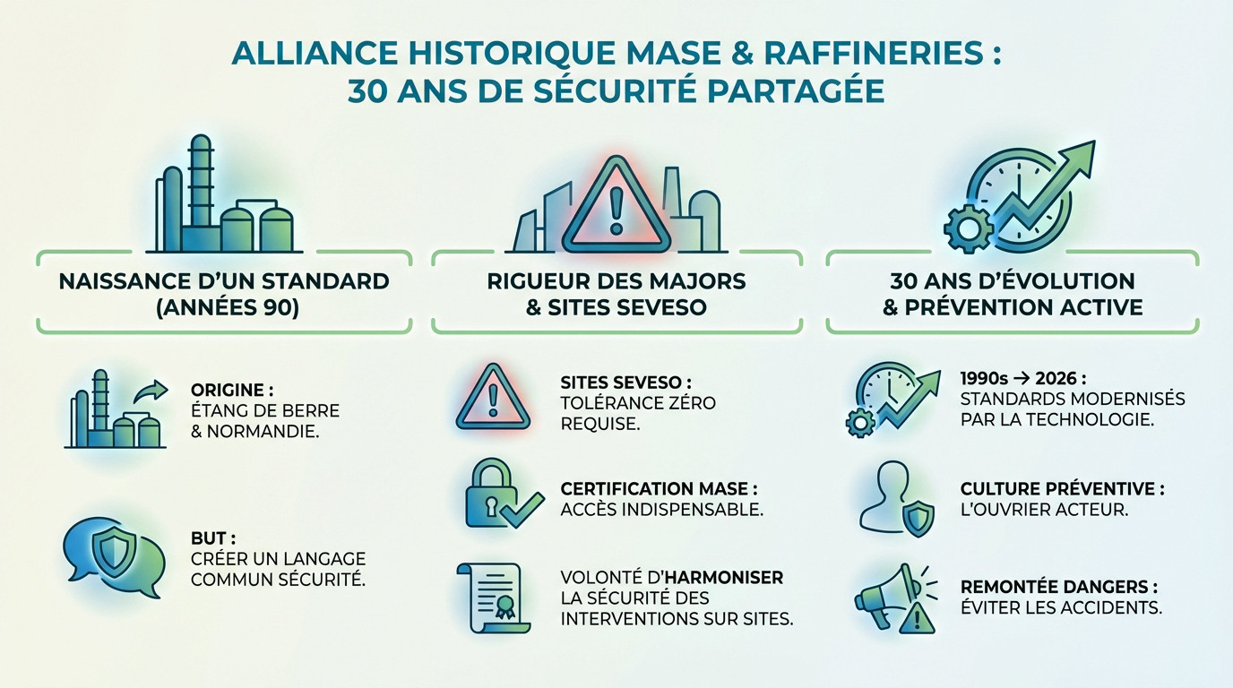 Raffinerie industrielle et logo MASE symbolisant 30 ans d'alliance pour la sécurité