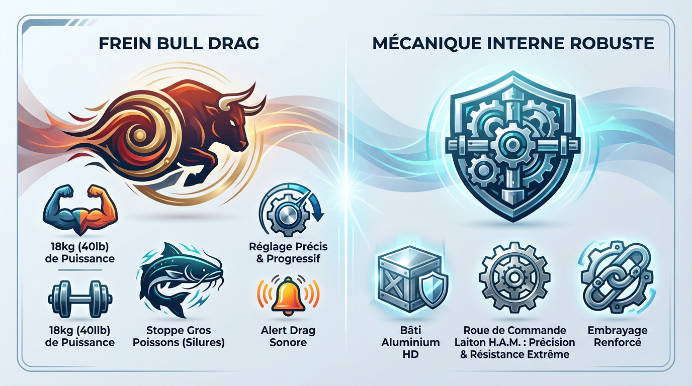 Infographie technique du moulinet 13 fishing concept a3 montrant sa puissance de frein et sa structure en aluminium