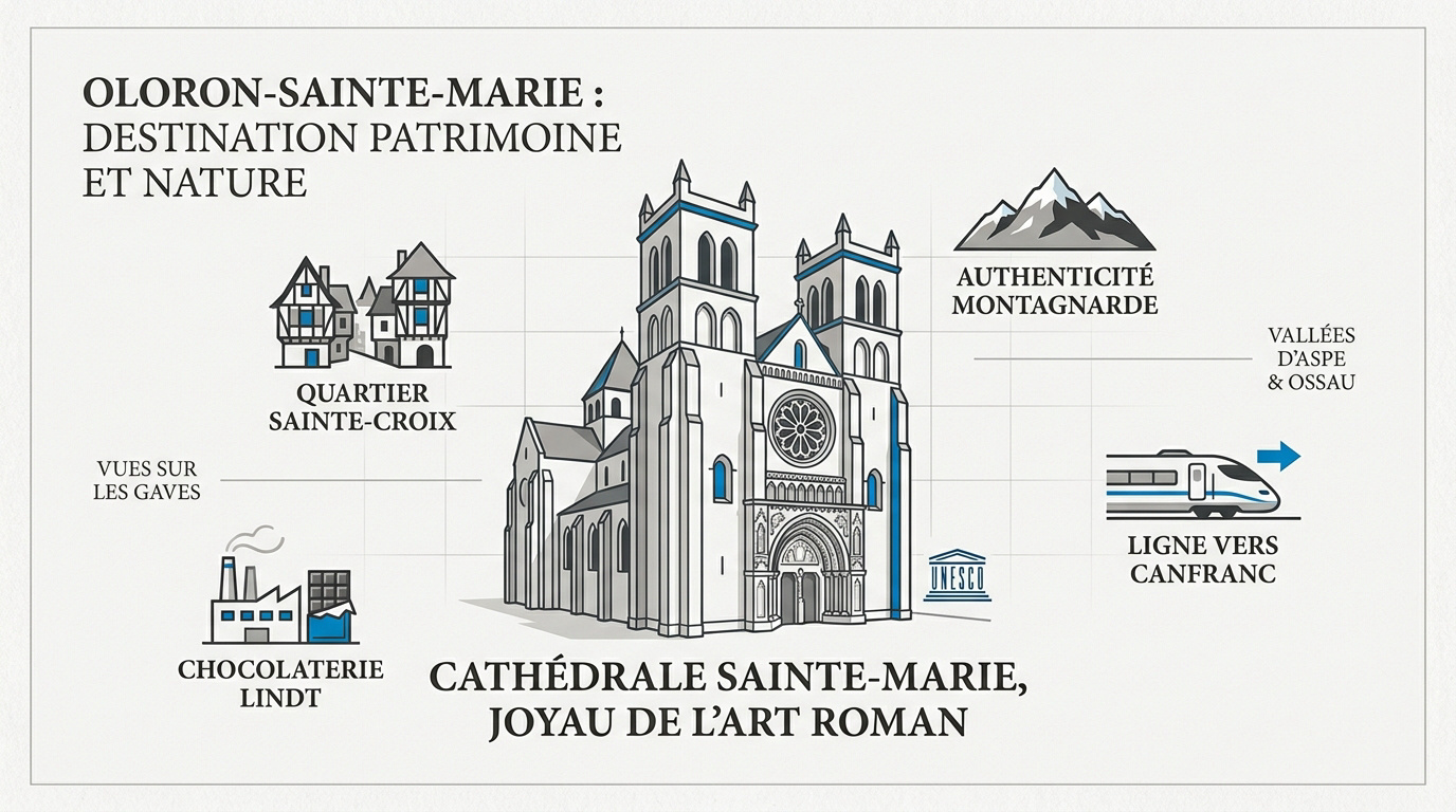 Vue sur le patrimoine médiéval d'Oloron-Sainte-Marie et les montagnes pyrénéennes