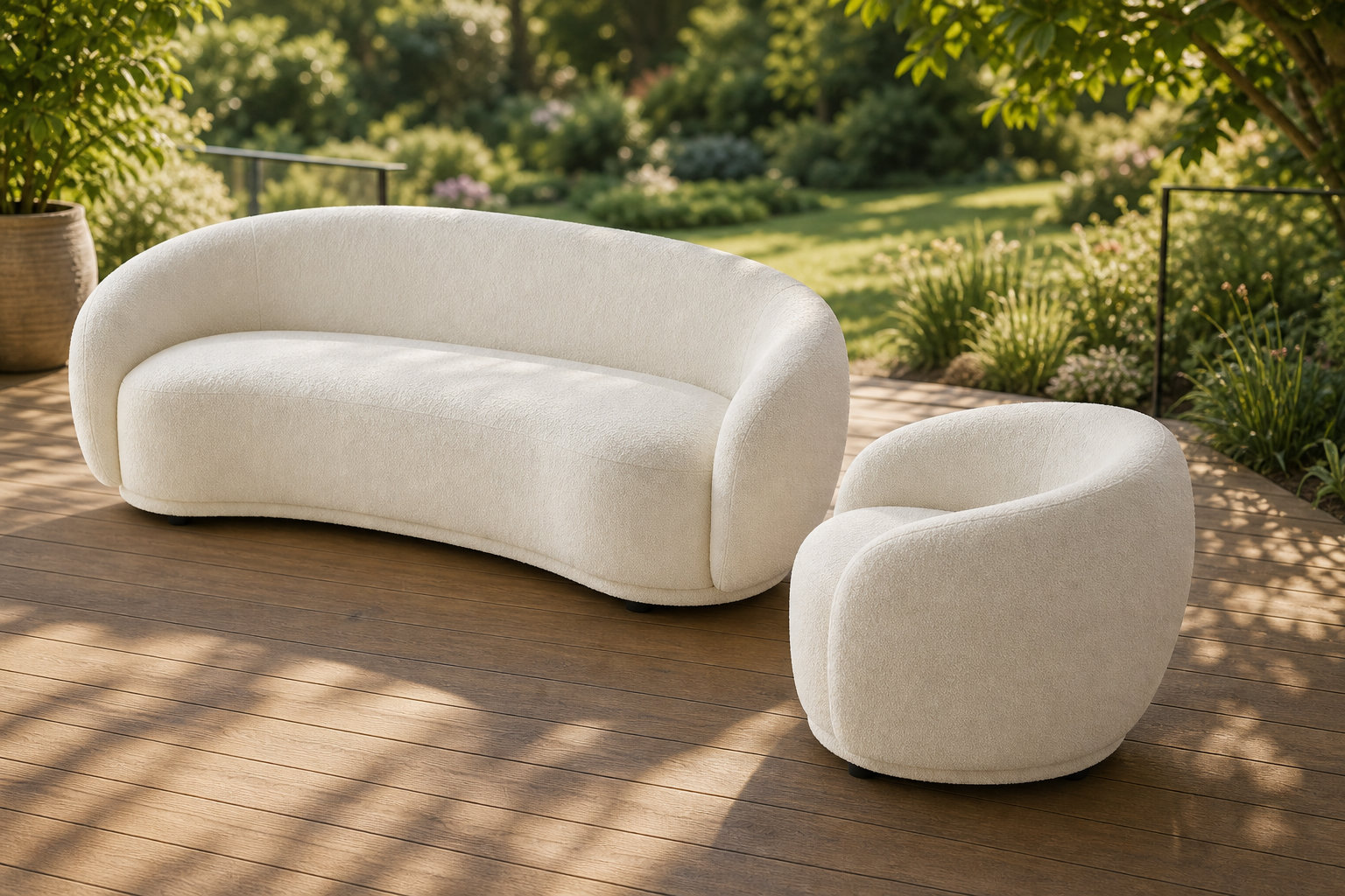 Ensemble Canapé Arrondi 3 Places Et Fauteuil Arrondi Blanc Ivoire - BOVANA